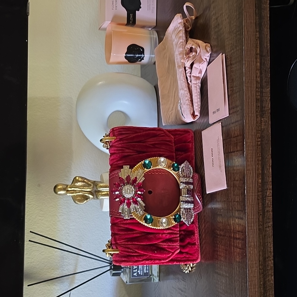Miu Miu Red Velvet Jeweled Shoulder Bag